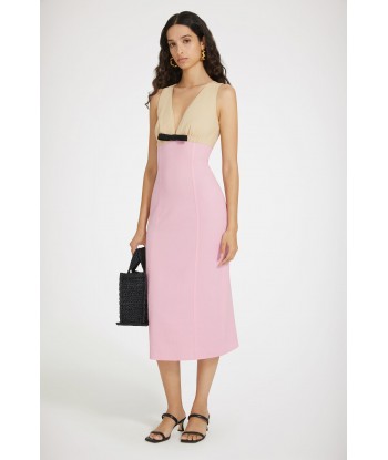 Two-tone V-neck midi dress in seersucker de pas cher