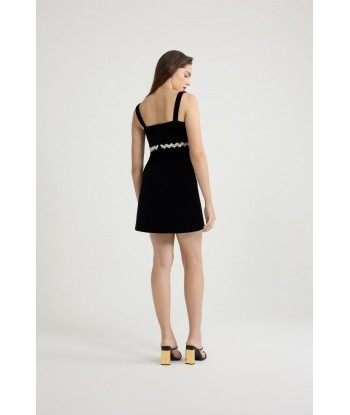 Embellished bow neckline mini dress in cotton velvet de France