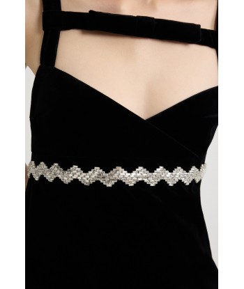 Embellished bow neckline mini dress in cotton velvet de France